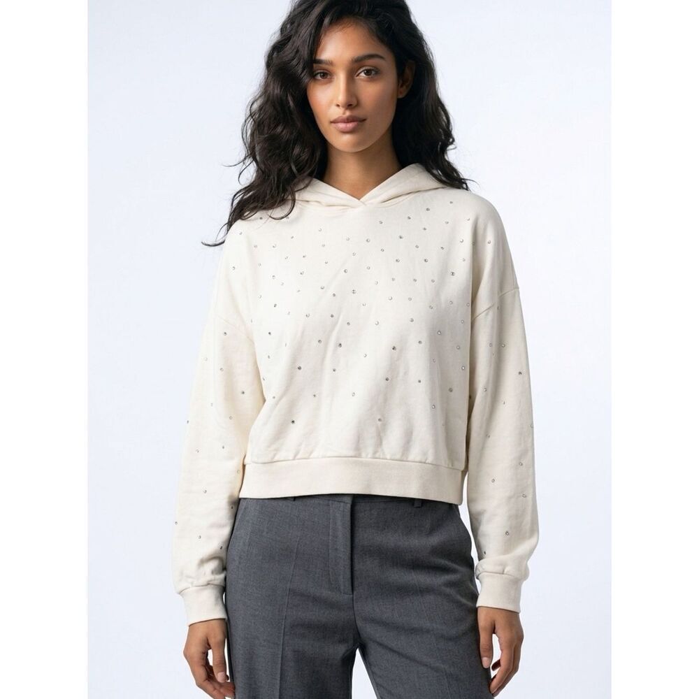 ZARA | Cream Rhinestone Embellished Hooded Sweatshirt Women’s Size Large